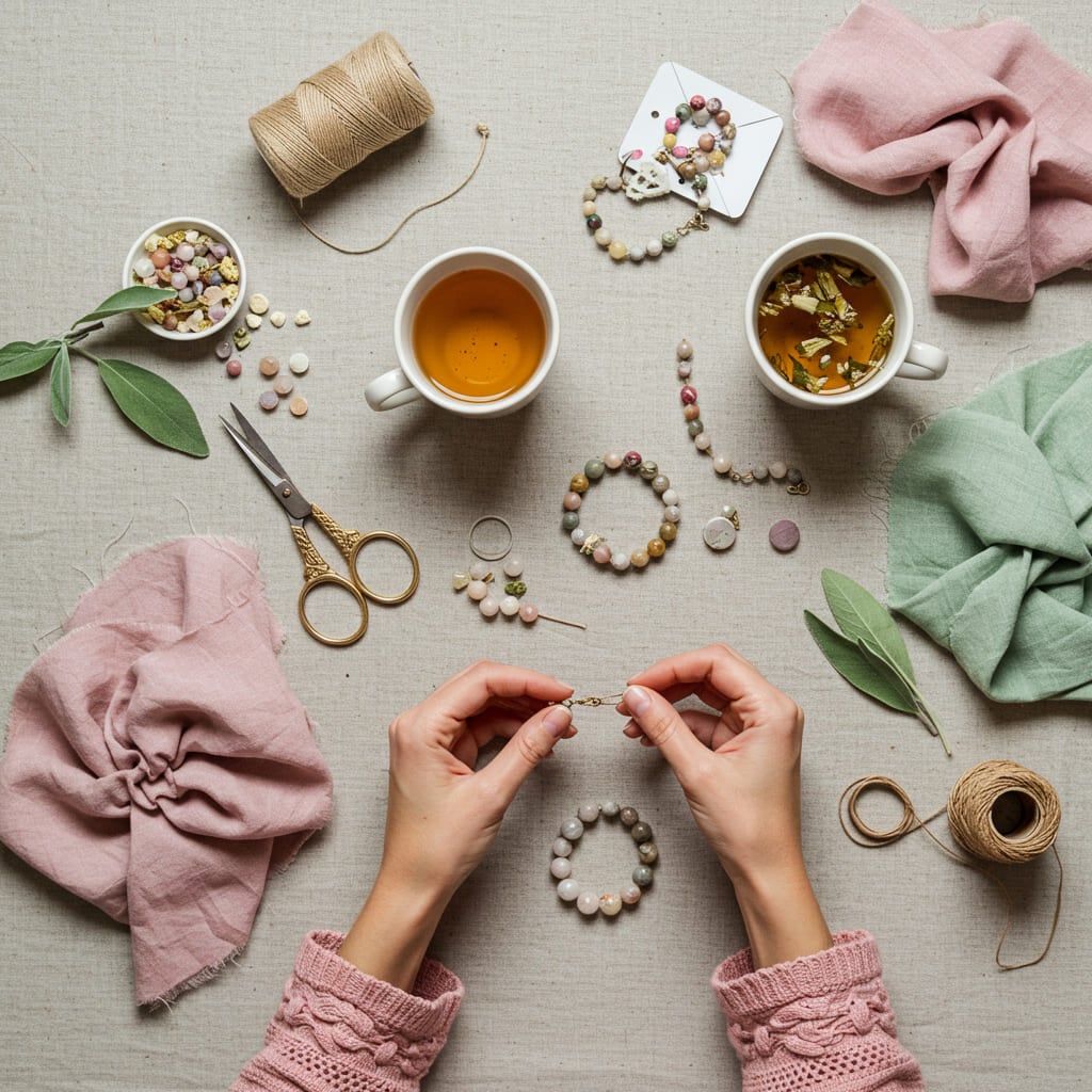 Mesa com materiais de criação: chás, pedras naturais, fios e ambiente acolhedor do Círculo de Criação
