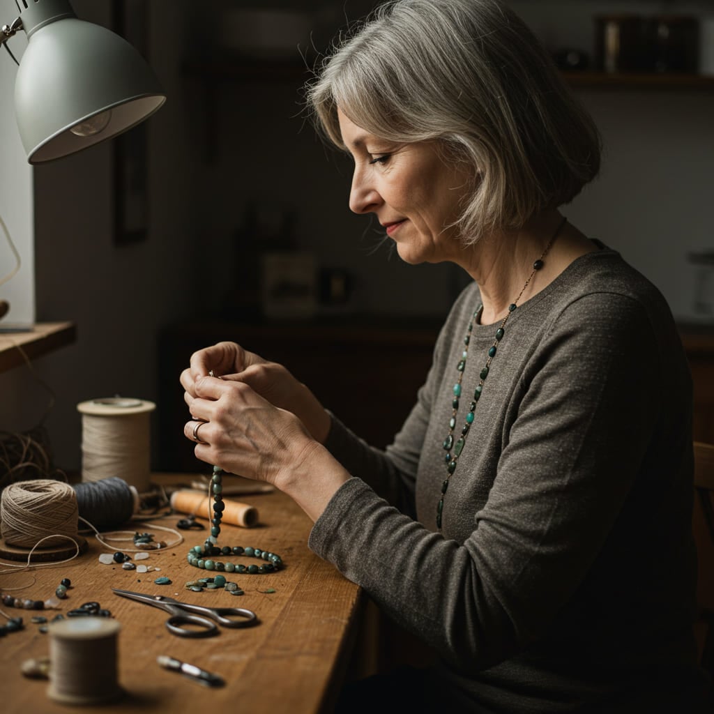 Mulher madura de cabelos grisalhos trabalhando com pedras em ateliê acolhedor