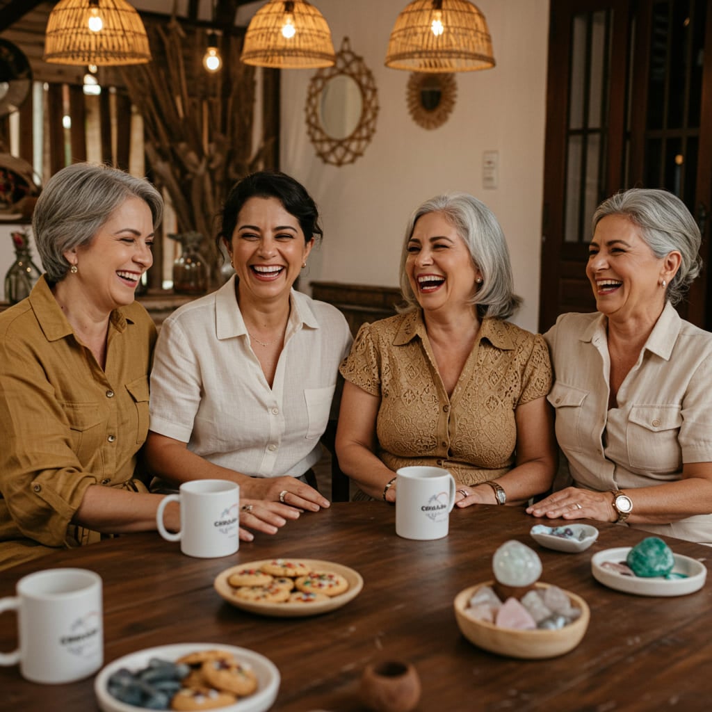 Quatro mulheres maduras rindo e conversando durante o lanche no Círculo de Criação