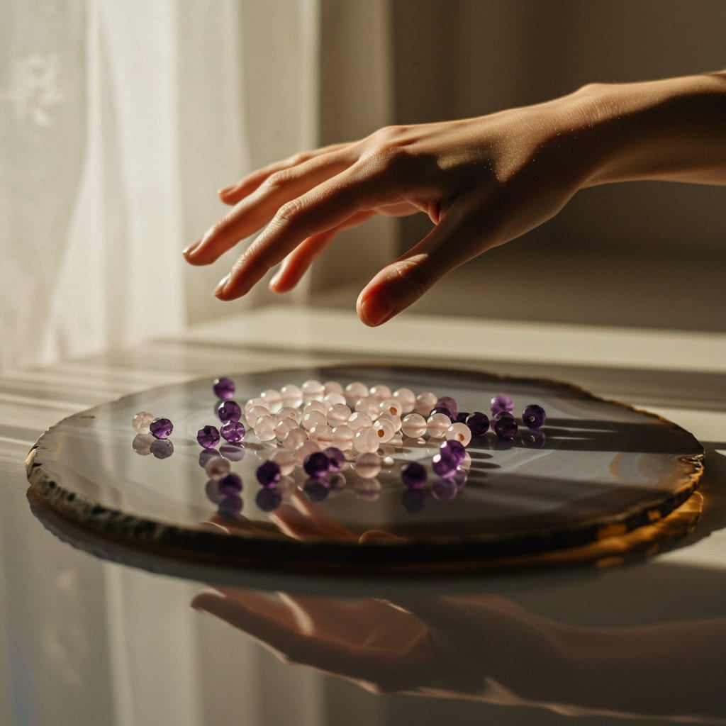 Mãos delicadas sobre pedras naturais roxas e rosas em bandeja espelhada