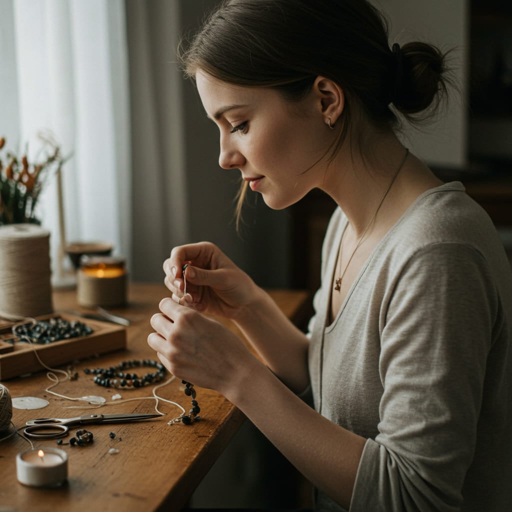 Mulher jovem concentrada criando joias com pedras escuras em ambiente sereno com velas